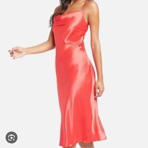 Bebe Cowl Neck Satin Midi Dress in Pink / Coral